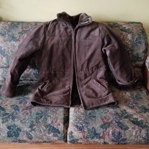 Brown suede coat, fur fabric lining, vintage 80s, zip, Cherokee, M, unisex